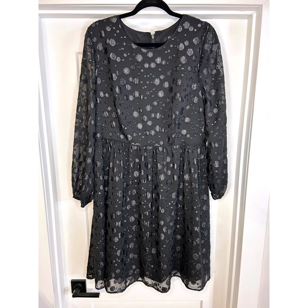 J Crew Black Silver Metallic Polka Dot Long Sleeve Party Dress Womens Whimsigoth